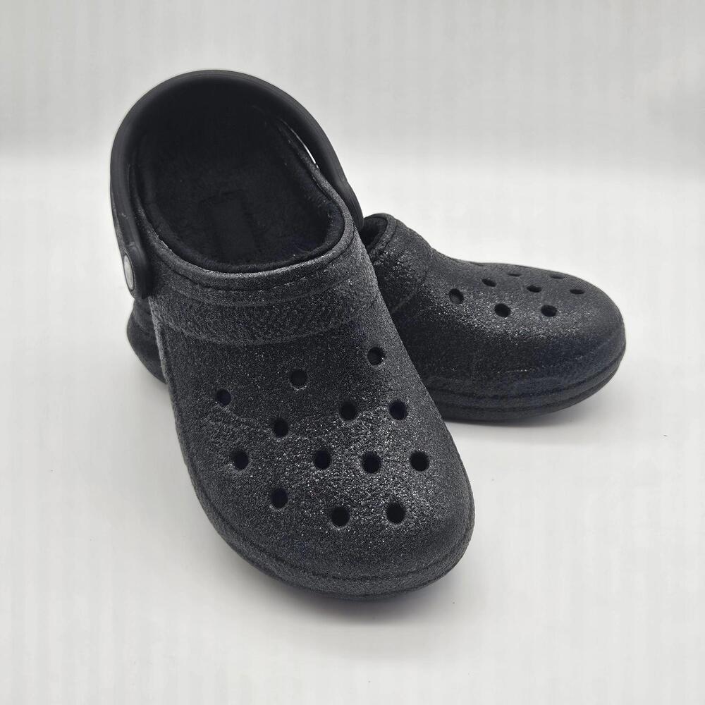 Crocs Ladies 7 Black Glitter Fleece Lined Classic Clogs